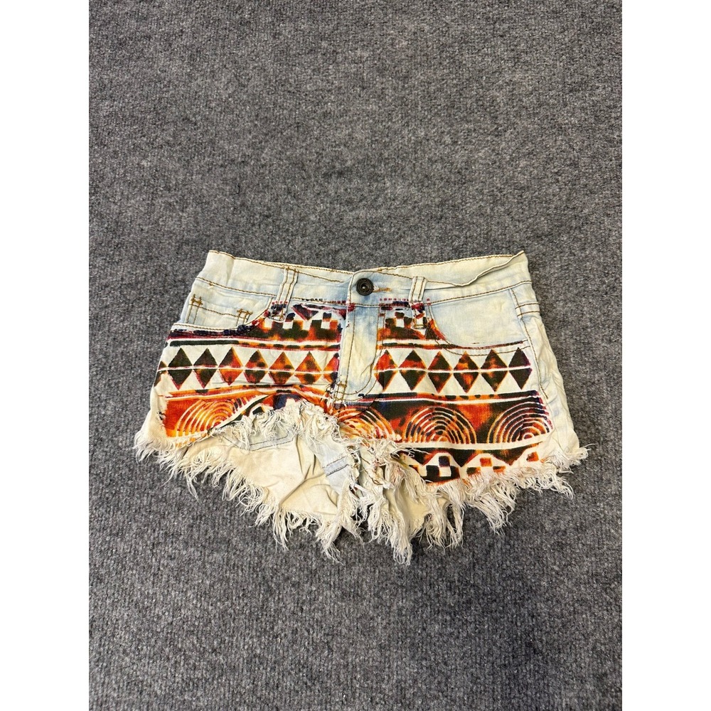 Vintage Havana Shorts Womens Size 12 Light Wash Tribal Print Frayed Raw Denim